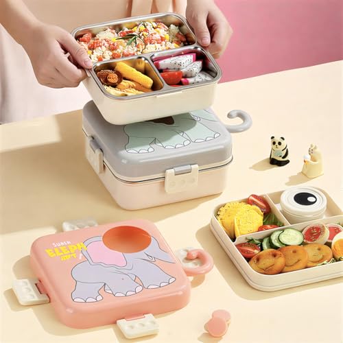 Cute Elephant Bento Lunch Box for Kids | 3 Compartment Leak-Proof BPA-Free Tiffin | Cartoon Elephant Design with Airtight Lid & Lock Clips | School, Travel & Picnic Lunch Container | Lunchbox (1120ml + 70ml) (Pink)