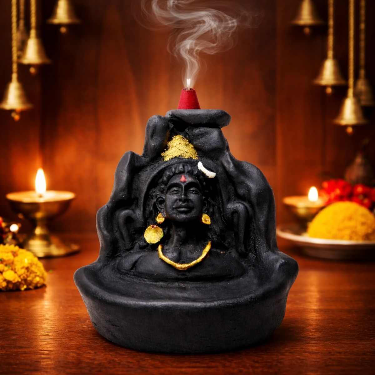 Lord Shiva Adiyogi Statue with Smoke Fountain Waterfall Incense Holder