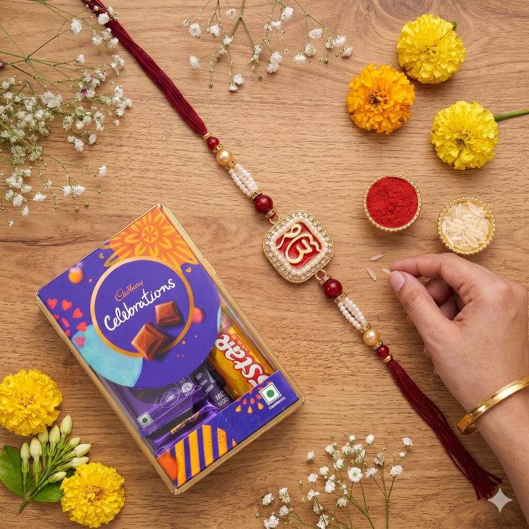 Rakhi Gift Set Brother with Ik Onkar Designer Rakhi, Roli Chawa, Sipra, Key Chain and chocolate box