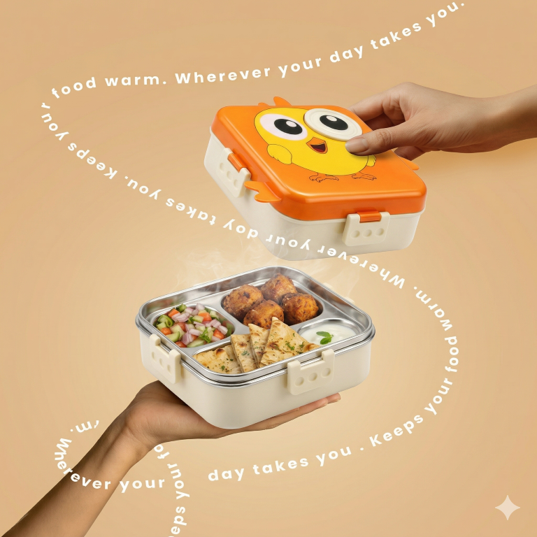 2 Layer Kids Lunch Box with Steel Inner, 3 Compartments Leak Proof Airtight BPA Free Bento Tiffin Box 1120 ML with 70 ML Sauce Cup for School Picnic Boys Girls (Sunset Orange Chick)