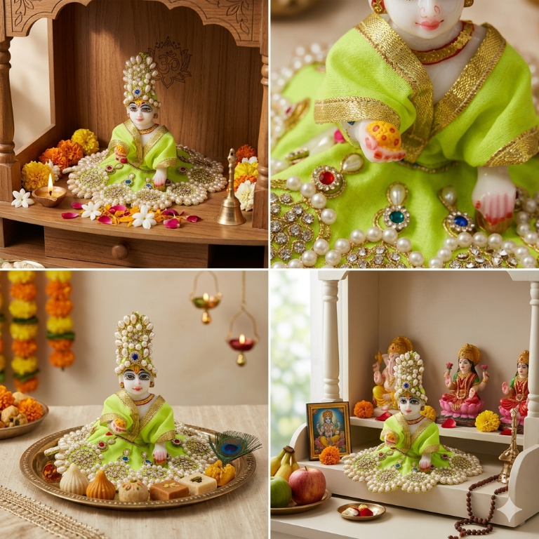 Tiny Shiny Laddu Gopal Poshak Thakur Ji Dress Heavy Designer Dress for Kanha Ji Fancy Dress for Bal Krishna Janmaasthmi Special for Ladoo Gopal Ji (Size- 3 to 5)