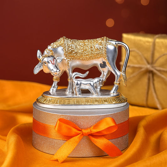 Kamdhenu Silver Plated Hindu Cow & Calf Idol, Gold Detailed Religious Statue, Decorative Showpiece for Home Temple, Office, Spiritual Gift