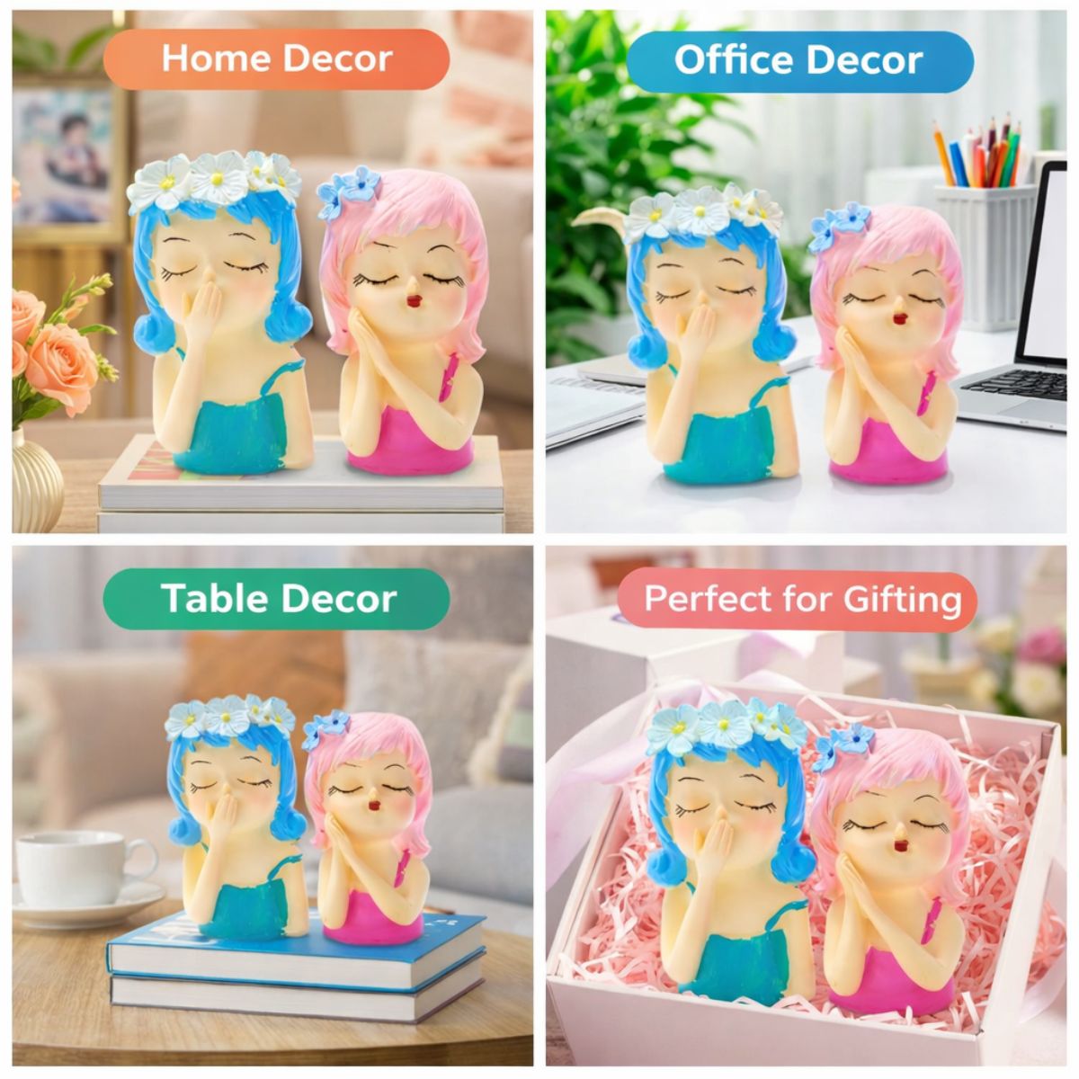 Tiny Shiny Girls Flowerpot Green Head Planter Pot Resin Cute Girl Statue Planter Decorative Cactus Plant Container for Tabletop Garden Home Office Decor Item 2 Girls - image 5