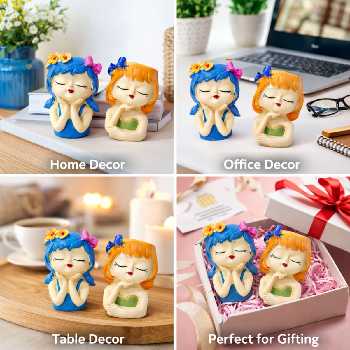 Tiny Shiny Girls Flowerpot Green Head Planter Pot Resin Cute Girl Statue Planter Decorative Cactus Plant Container for Tabletop Garden Home Office Decor Item 2 Girls - image 5