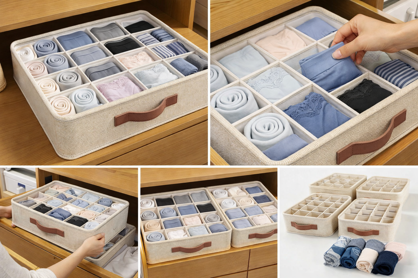 Tiny Shiny Drawer Organizer for Socks Bra Lingerie  — Cotton Storage Box Pack of 2 | Cream