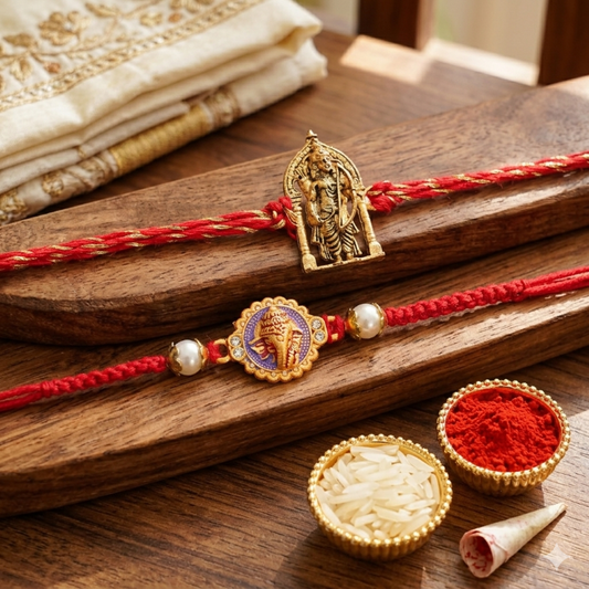 Rakhi Gift Set with 2 Divine Ram Lalla Rakhi Set, Roli Chawa, Sipra, Key Chain and chocolate box