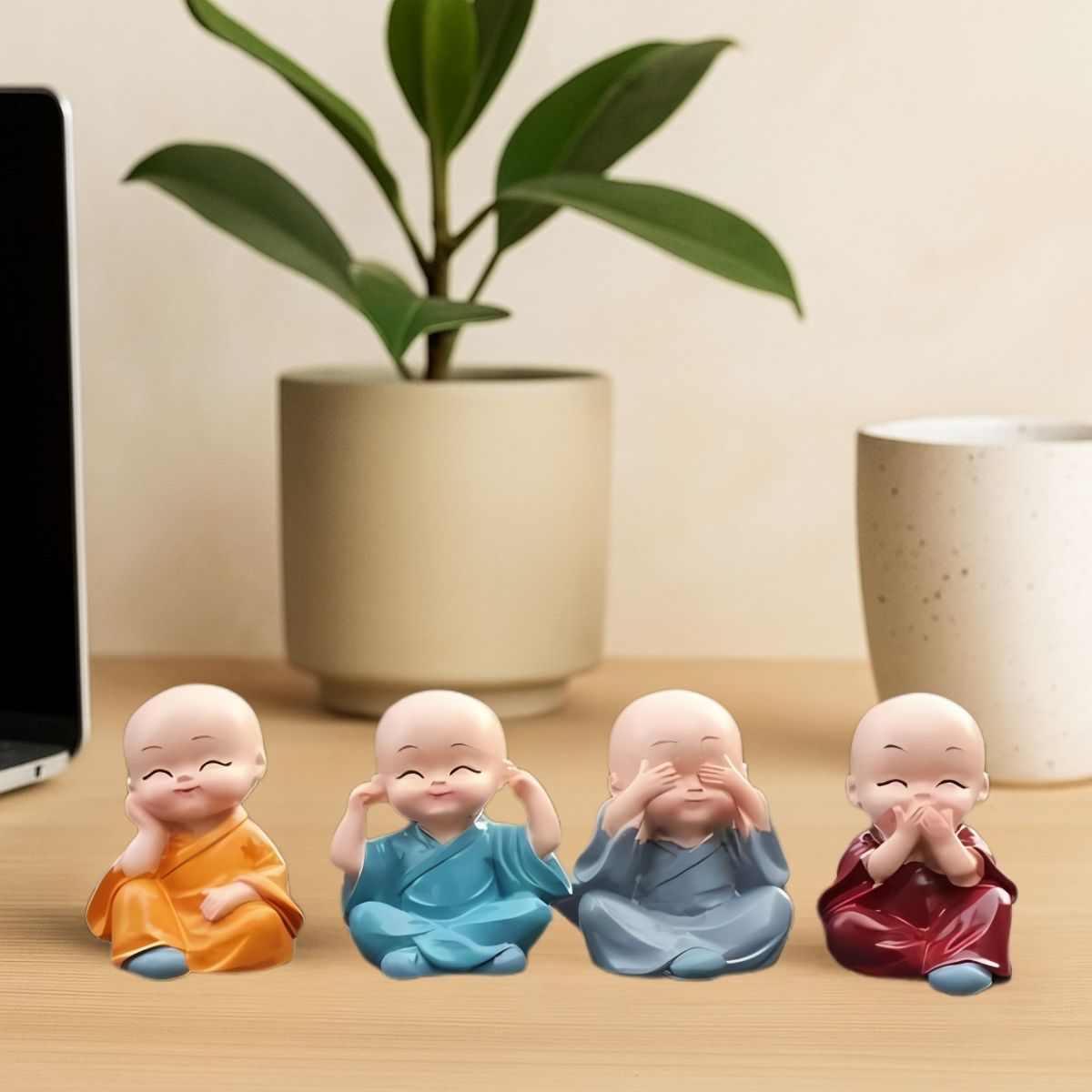 Tiny Shiny Colourful 4 Monks Buddha Monk Statues