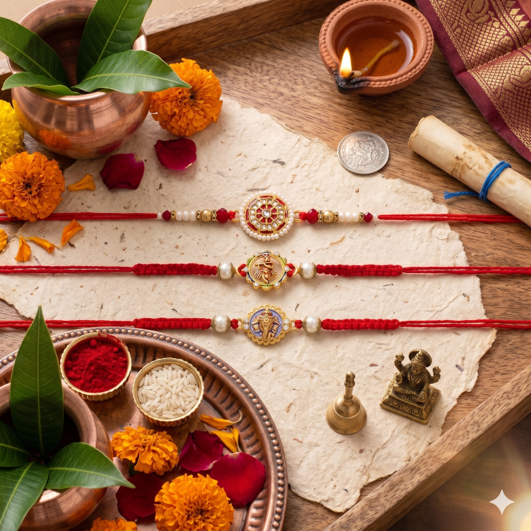 Rakhi Gift Set for Bhai with 3 Krishna Ganesha Rakhi Set, Roli Chawa, Sipra, Key Chain and chocolate box
