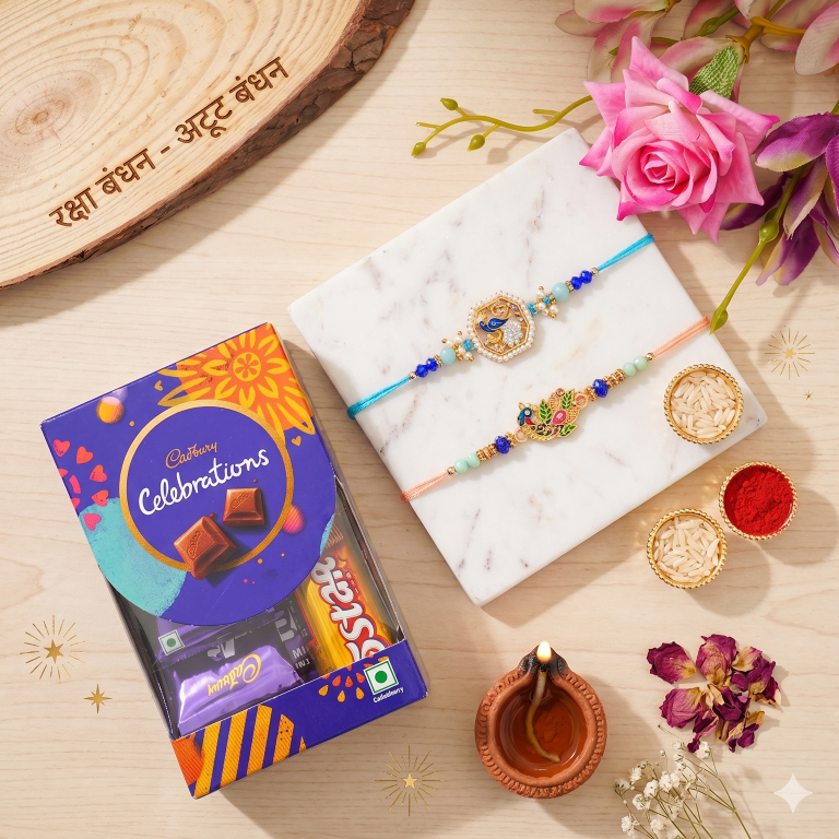 Set of 2 Bluebird & Peacock Rakhi Set for Brother, Bhai, Multicolor