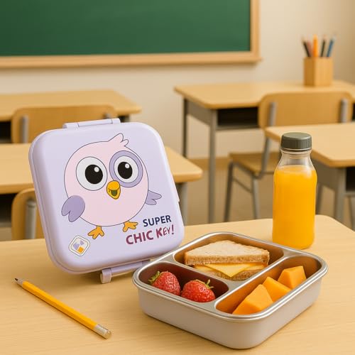 2 Layer Kids Lunch Box with Steel Inner, 3 Compartments Leak Proof Airtight BPA Free Bento Tiffin Box 1120 ML with 70 ML Sauce Cup for School Picnic Boys Girls (Lavender Chick) 1120ml + 70ml