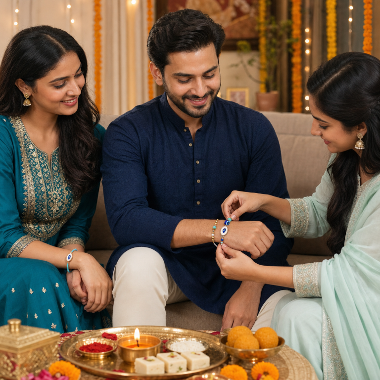 Bhai Bhabhi Rakhi Set | Evil Eye Rakhi & Evil Eye Lumba Bracelet