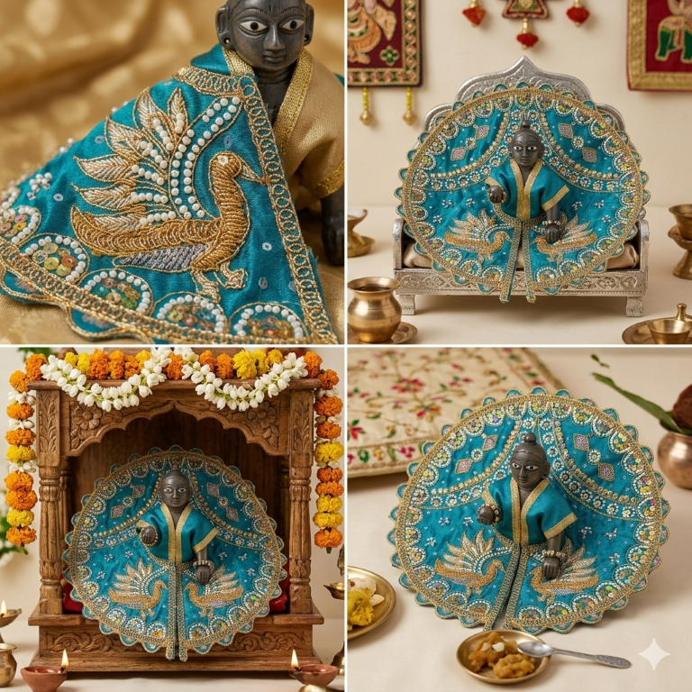 Tiny Shiny Laddu Gopal Poshak Thakur Ji Dress Heavy Designer Dress for Kanha Ji Fancy Dress for Bal Krishna Janmaasthmi Special for Ladoo Gopal Ji (Size-4 And 5)