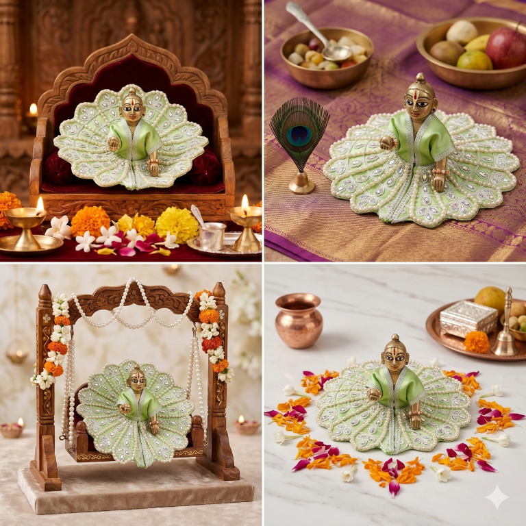 Tiny Shiny Laddu Gopal Poshak Thakur Ji Dress Heavy Designer Dress for Kanha Ji Fancy Dress for Bal Krishna Janmaasthmi Special for Ladoo Gopal Ji (Size- 4 And 5)