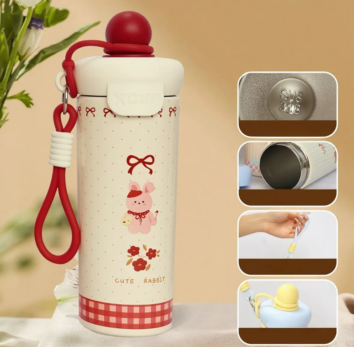 Cute Rabbit Stainless Steel Kids Water Bottle with Straw & Carry Strap – Leakproof Insulated Flask for School