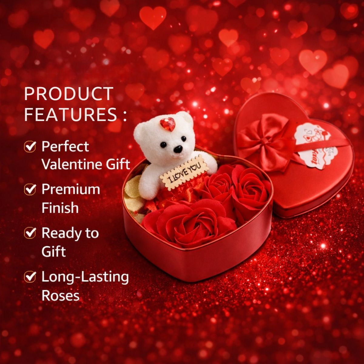 Tiny Shiny Teddy and Roses(3 Pieces Roses 1 Small Bear Doll)/ Heart Shaped Gift Tin Box containing Teddy and Roses with Love Message/Heart Shape Tin Box - image 5