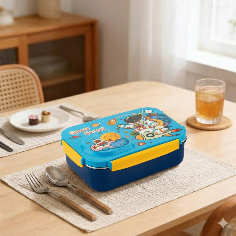 Steel Lunch Lunch Box, 750 ml with 150ml Bowl, BPA Free and Leak Proof, 3 Compartment airtight, with a Spoon & Chopsticks,Astronaut & Rocket Design, Pink, Premium Lunch Box