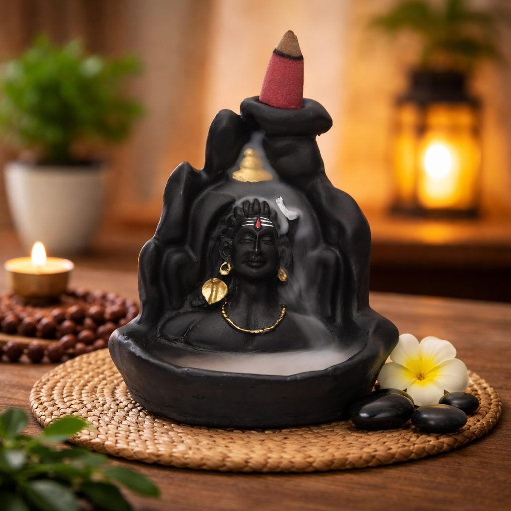 Lord Shiva Adiyogi Statue with Smoke Fountain Waterfall Incense Holder