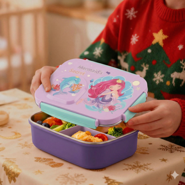 Steel Lunch Lunch Box, 750 ml with 150ml Bowl, BPA Free and Leak Proof, 3 Compartment airtight, with a Spoon & Chopsticks,Mermaid Cartoon Design, Pink, Premium Lunch Box