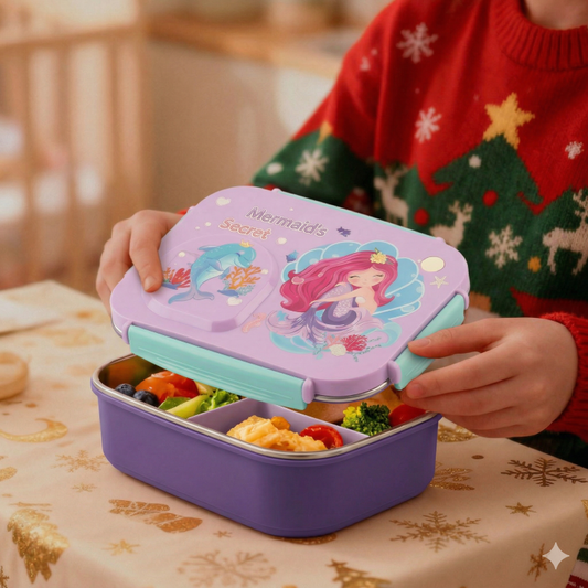Steel Lunch Lunch Box, 750 ml with 150ml Bowl, BPA Free and Leak Proof, 3 Compartment airtight, with a Spoon & Chopsticks,Mermaid Cartoon Design, Pink, Premium Lunch Box