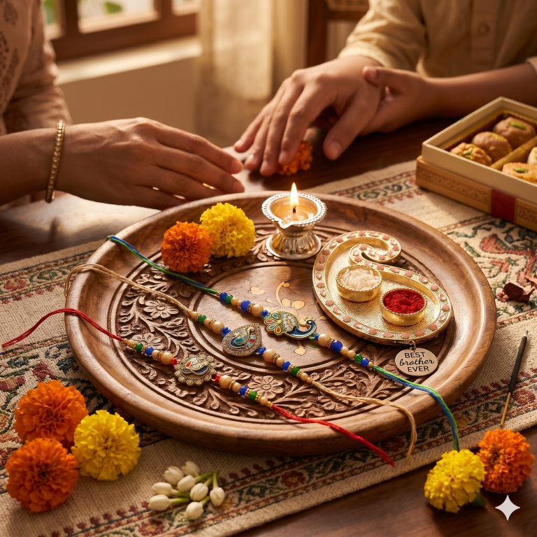 Rakhi Gift Set for Bhai with 3 Royal Peacock Rakhi Trio, Roli Chawa, Sipra, Key Chain and chocolate box