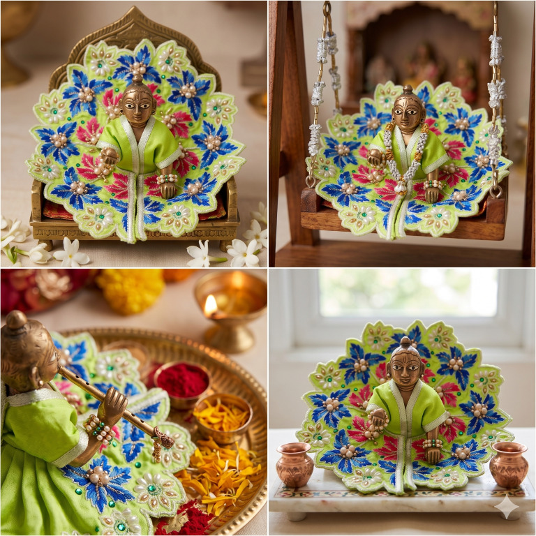 Tiny Shiny Laddu Gopal Poshak Thakur Ji Dress Heavy Designer Dress for Kanha Ji Fancy Dress for Bal Krishna Janmaasthmi Special for Ladoo Gopal Ji (Size-4 And 5)