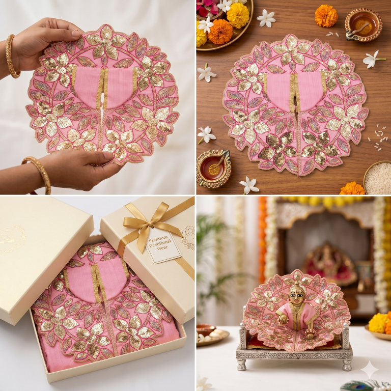 Tiny Shiny Laddu Gopal Poshak Thakur Ji Dress Heavy Designer Dress for Kanha Ji Fancy Dress for Bal Krishna Janmaasthmi Special for Ladoo Gopal Ji (Size-4 and 5)