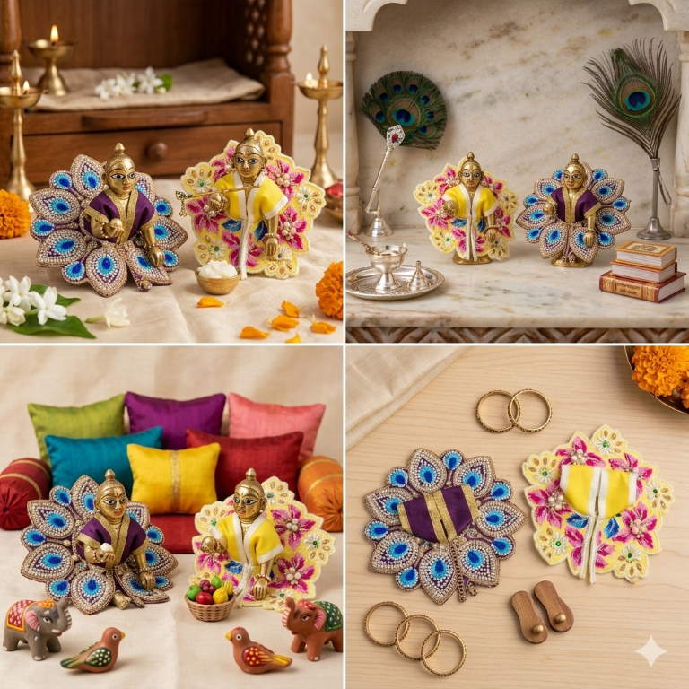 Tiny Shiny Laddu Gopal Poshak Thakur Ji Dress Heavy Designer Dress for Kanha Ji Fancy Dress for Bal Krishna Janmaasthmi Special for Ladoo Gopal Ji (Size-0 to 2)