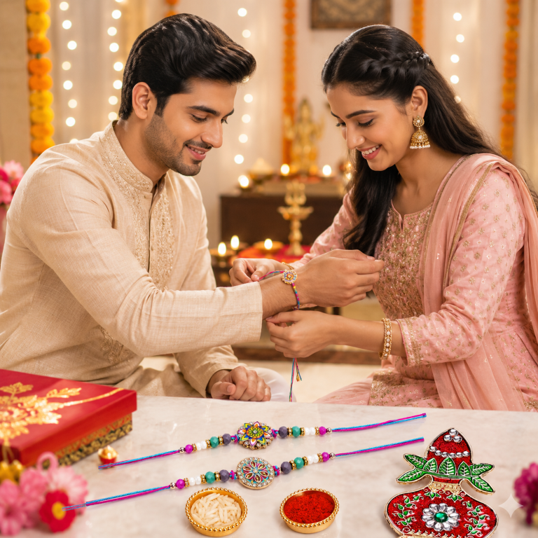 Rakhi Gift Set with 2 Colorful Mandala Rakhi Set, Roli Chawa, Sipra, Key Chain and chocolate box
