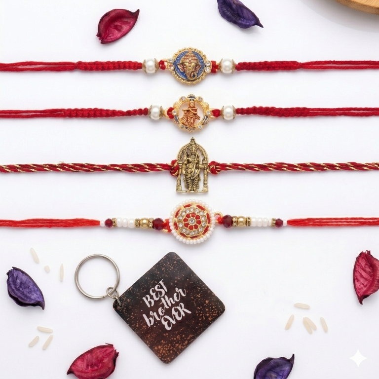 Set of 4 Premium Divine Rakhi Set for Brother, Bhai, Multicolor