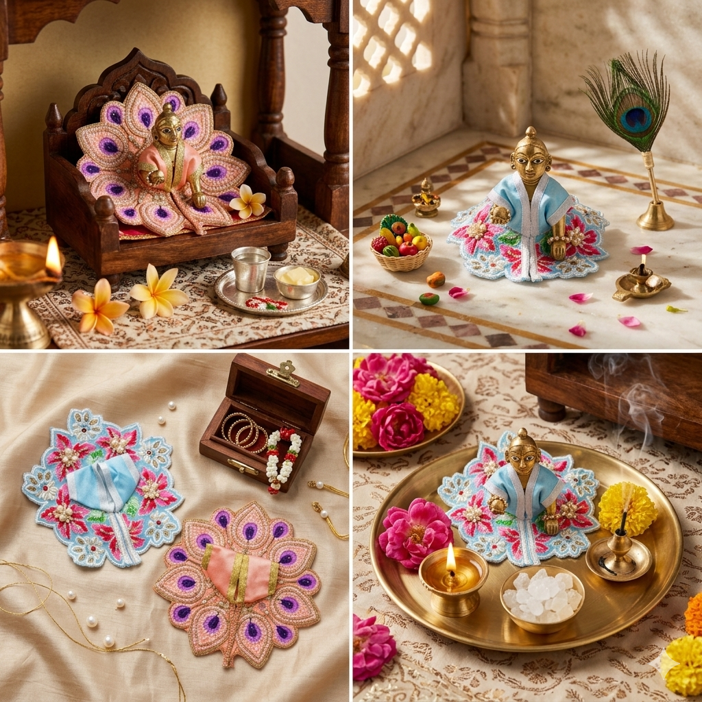 Tiny Shiny Laddu Gopal Poshak Thakur Ji Dress Heavy Designer Dress for Kanha Ji Fancy Dress for Bal Krishna Janmaasthmi Special for Ladoo Gopal Ji (Size-0 to 2)