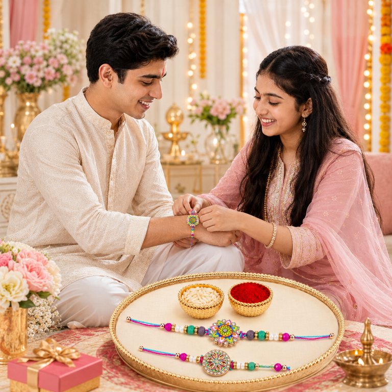 Rakhi Gift Set with 2 Colorful Mandala Rakhi Set, Roli Chawa, Sipra, Key Chain and chocolate box