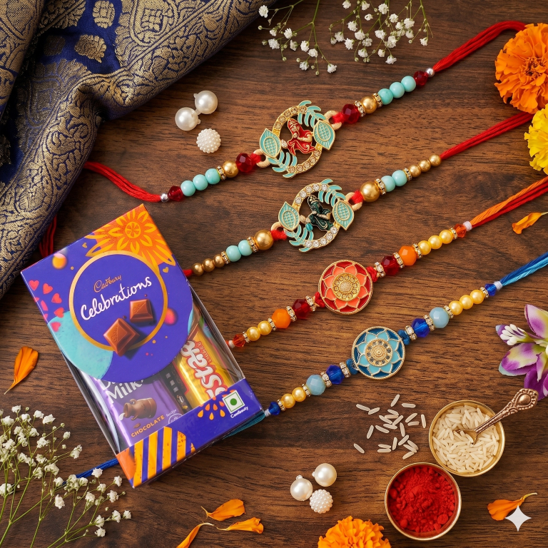 Rakhi Gift Set with 4 Radha Krishna Rakhi Set, Roli Chawa, Sipra, Key Chain and chocolate box