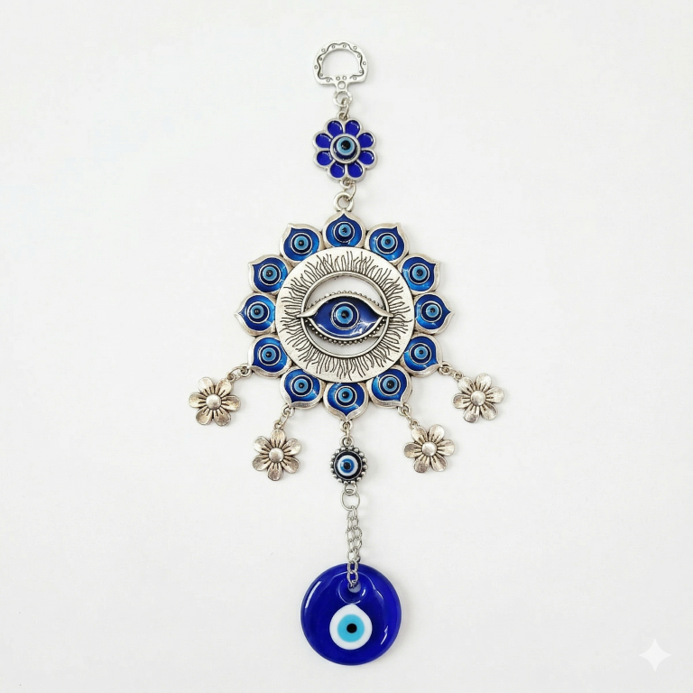 Silver Flower Mandala Evil Eye Wall Hanging with Dangle Charms