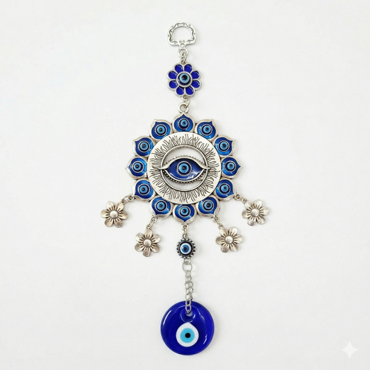 Silver Flower Mandala Evil Eye Wall Hanging with Dangle Charms
