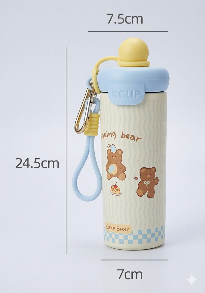 Cute Bear Stainless Steel Kids Water Bottle with Straw & Carry Strap – 500ml Leakproof Insulated Flask for School