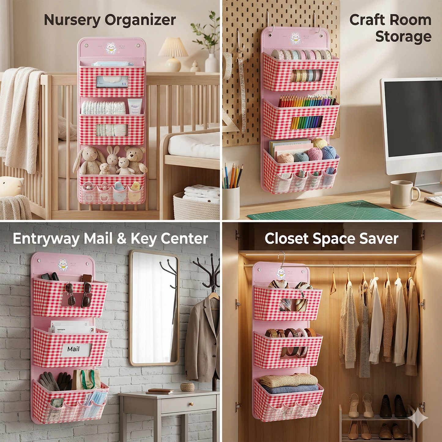 Tiny Shiny Over Door Hanging Organizer — 3 Pocket  Fabric Storage Bag with Mesh Windows | Red Yellow