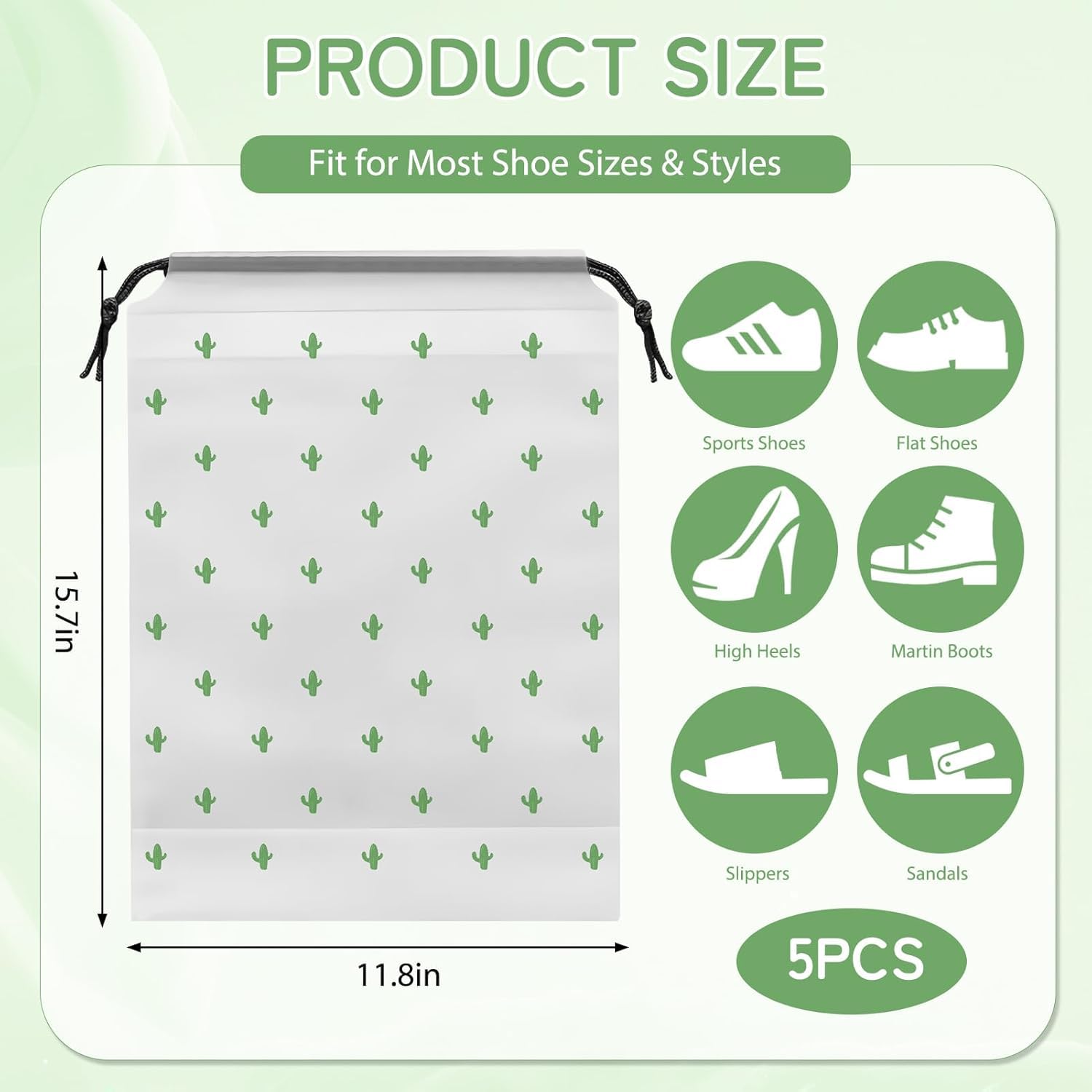 Tiny Shiny Travel Shoe Bag — Transparent Waterproof  Organizer for Travel and Gym | Pack of 5 | Green Floral