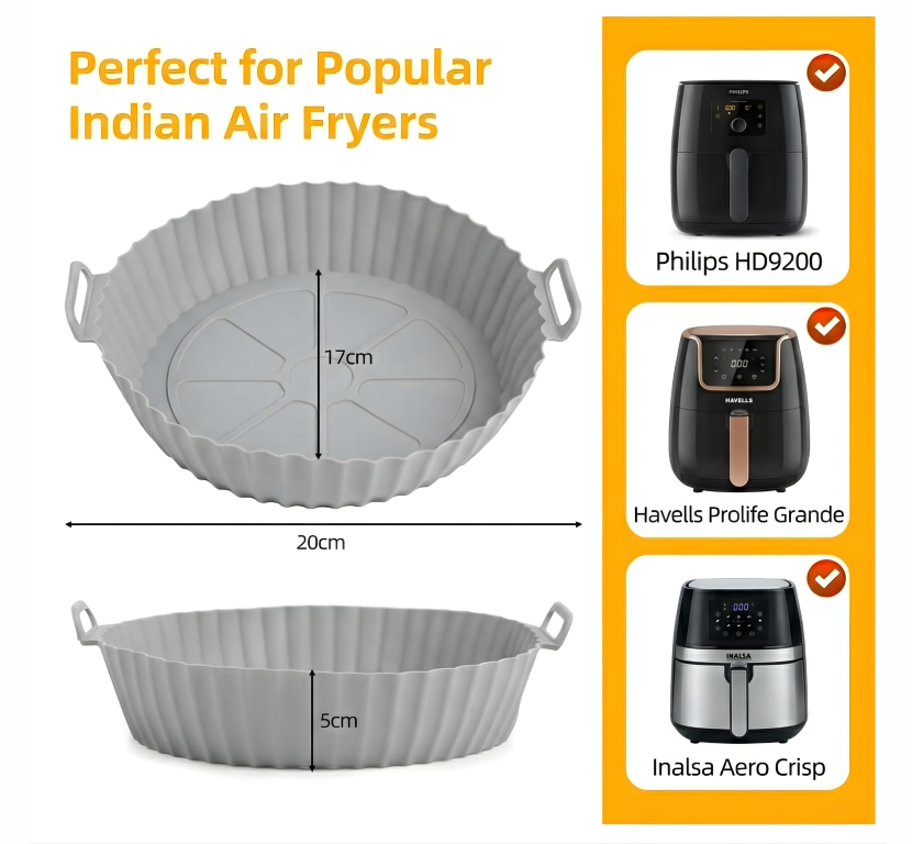 Air Fryer Liners I Round Silicone Basket Baking Tray I Pot with Ear Handles I Nonstick Reusable Heat Resistant I Cooking Oven Insert Accessories - Multicolor (Pack of 2)