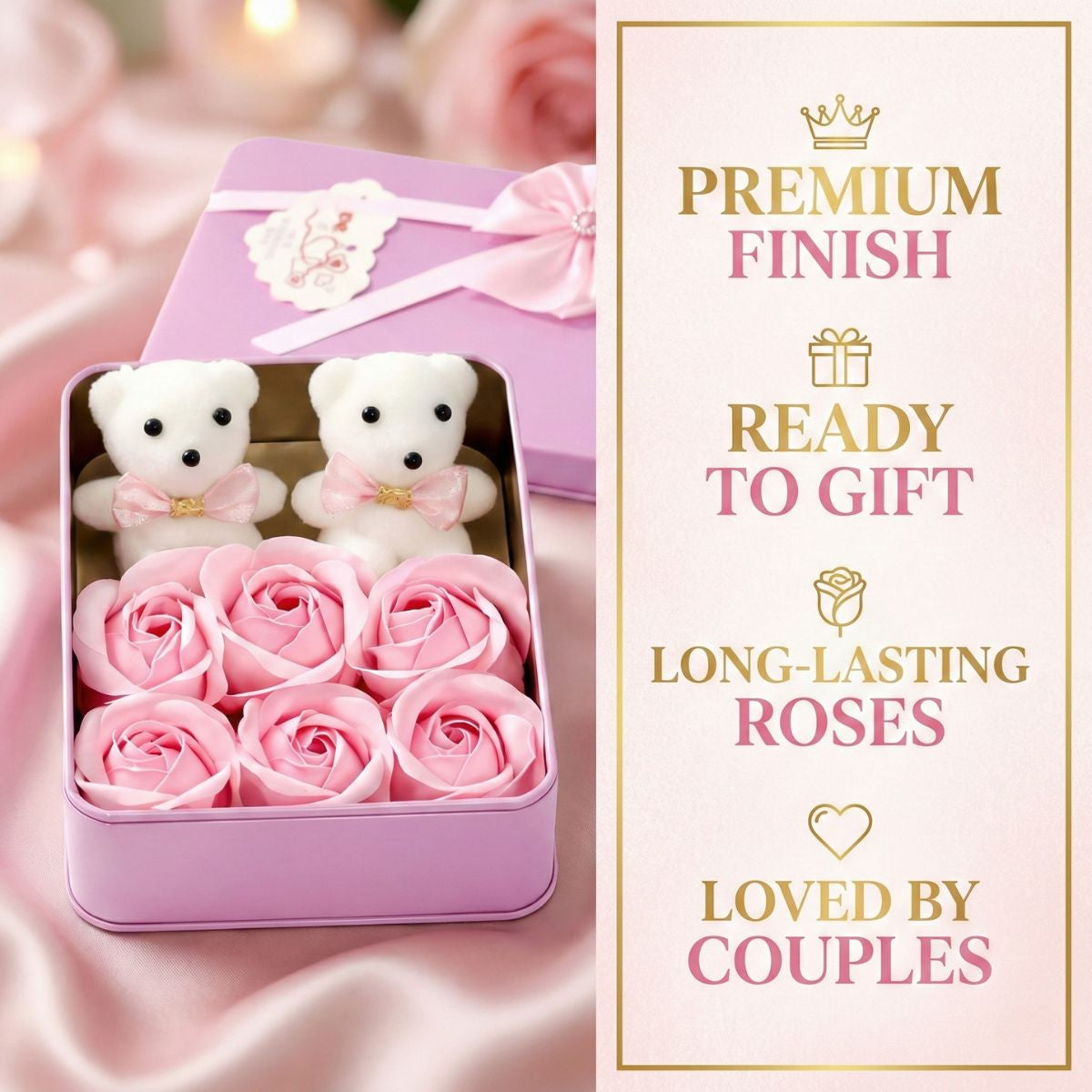 Premium Valentine Pink Square Shape Box with 6 Pink Roses, 2 Teddy