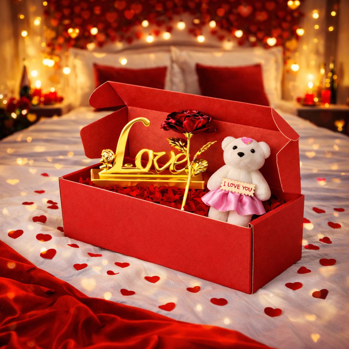 Gold Foil Rose with Teddy and Love Stand Gift Set