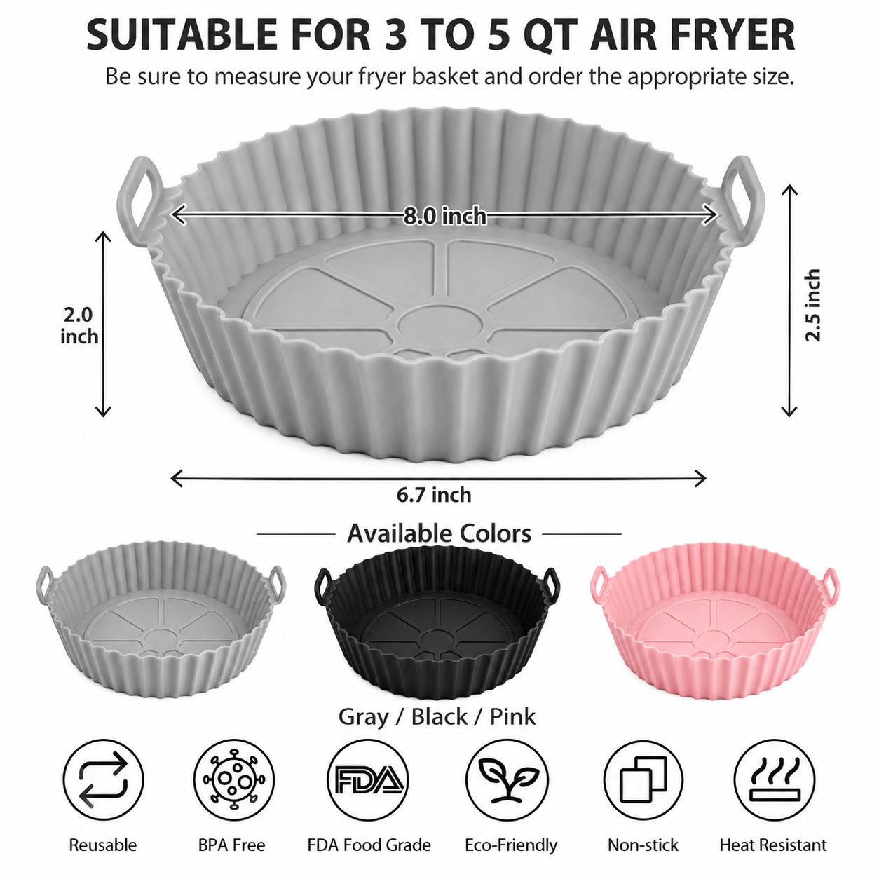 Air Fryer Liners I Round Silicone Basket Baking Tray I Pot with Ear Handles I Nonstick Reusable Heat Resistant I Cooking Oven Insert Accessories - Multicolor (Pack of 3)