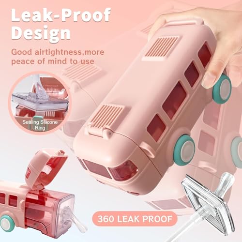Bus Water Bottle For Kids With Strap, Sipper, & Straw | Leakproof, Bpa Free With Lock, 500 Ml | Tritan Water Bottle For School Kids | Cute Bus Shaped Water| (PINK-COLOR)