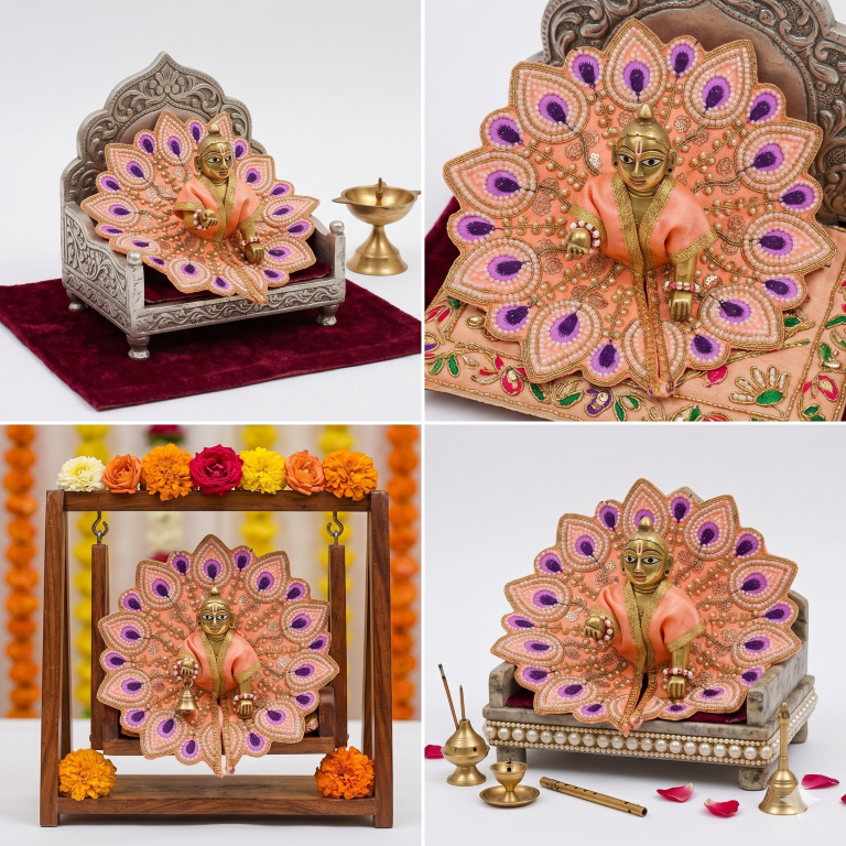 Tiny Shiny Laddu Gopal Poshak Thakur Ji Dress Heavy Designer Dress for Kanha Ji Fancy Dress for Bal Krishna Janmaasthmi Special for Ladoo Gopal Ji (Size-4)