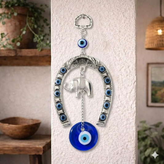 Glass Turkish Silver Horse Shoe Blue Evil Eye Hanging Ornament with Elephant Home Entrance Protection Amulet for Good Luck & Prosperity Main Door & Wall Décor