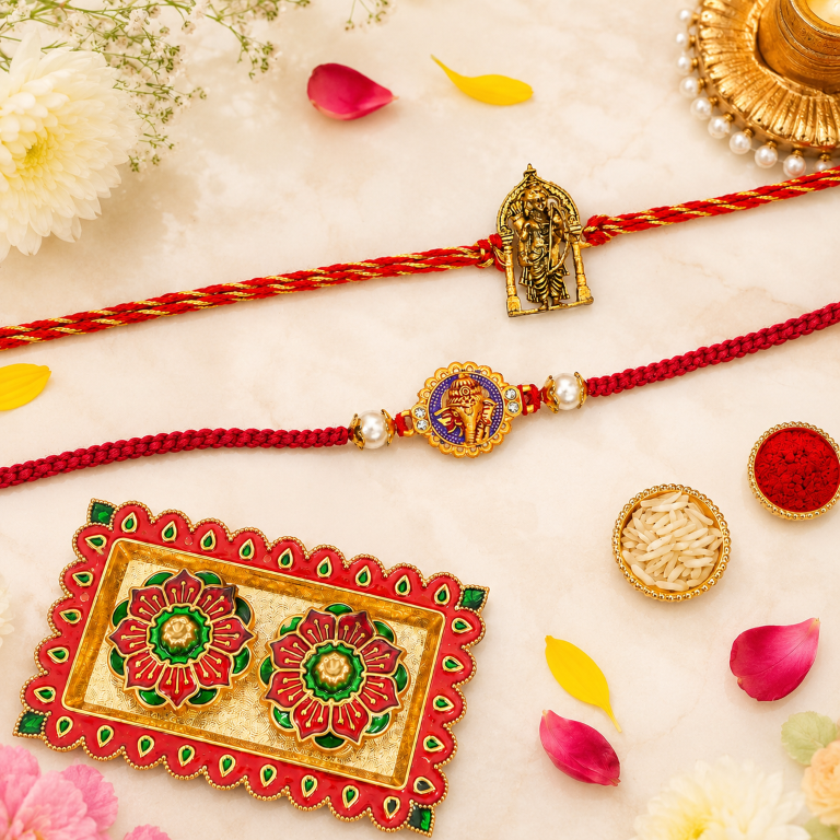 Rakhi Gift Set with 2 Divine Ram Lalla Rakhi Set, Roli Chawa, Sipra, Key Chain and chocolate box