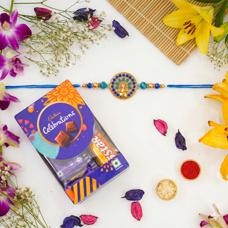 Rakhi Gift Set Brother with Life Tree Rakhi, Roli Chawa, Sipra, Key Chain and chocolate box