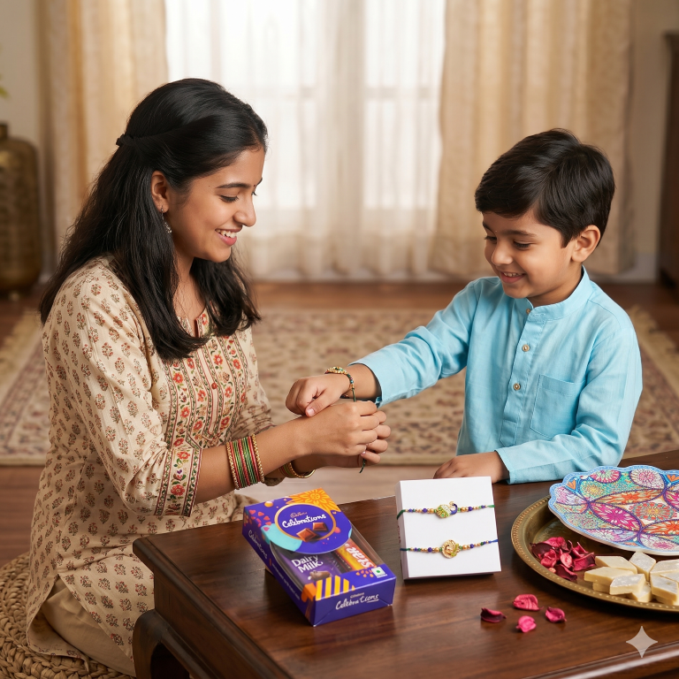 Rakhi Gift Set with 2 Royal Peacock Rakhi Set, Roli Chawa, Sipra, Key Chain and chocolate box