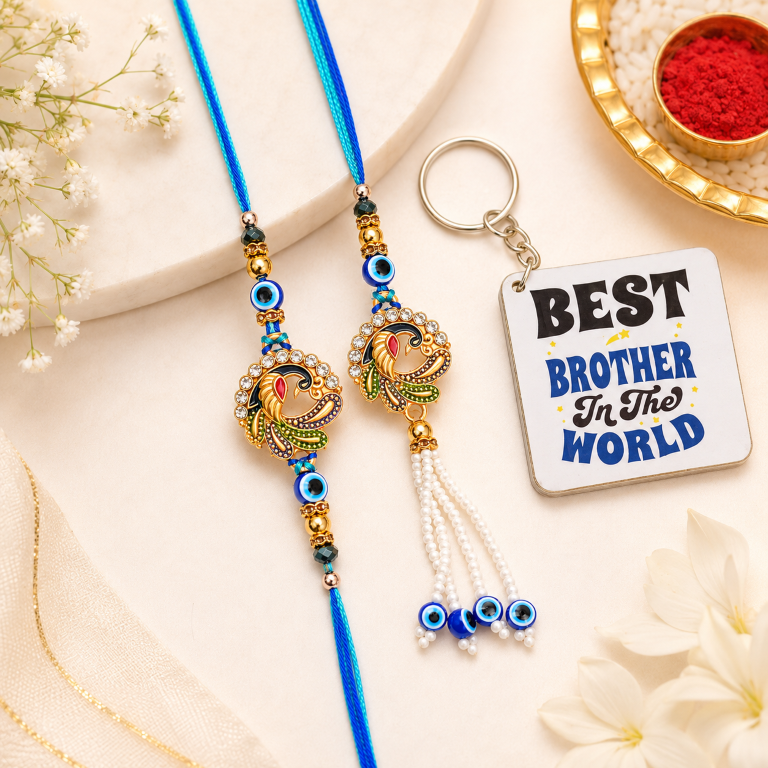 Designer Peacock Rakhi Set of 2 | Evil Eye Rakhi for Brother