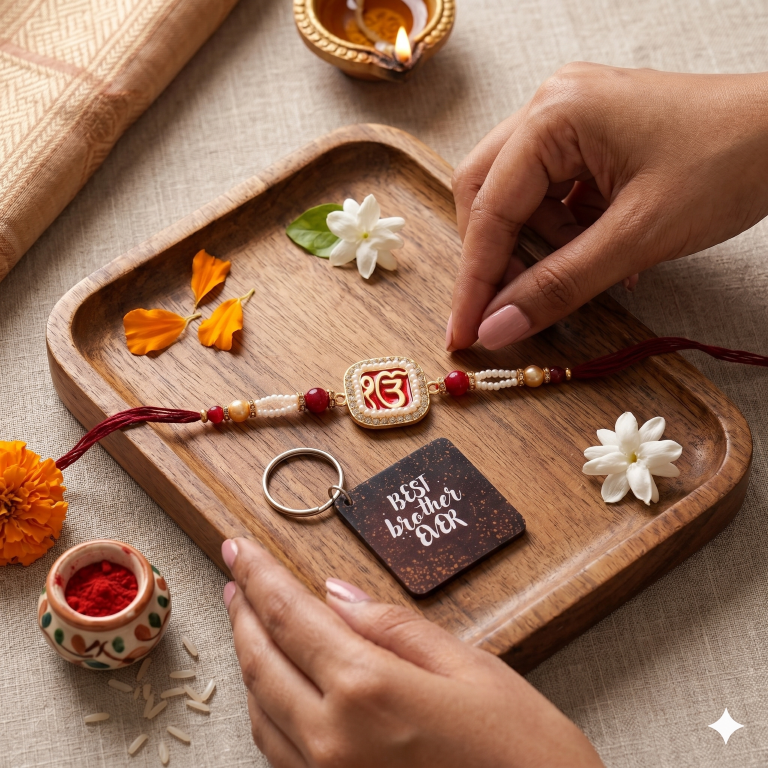 Rakhi Gift Set Brother with Ik Onkar Designer Rakhi, Roli Chawa, Sipra, Key Chain and chocolate box