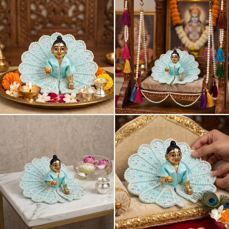 Tiny Shiny Laddu Gopal Poshak Thakur Ji Dress Heavy Designer Dress for Kanha Ji Fancy Dress for Bal Krishna Janmaasthmi Special for Ladoo Gopal Ji (Size- 4 And 5)